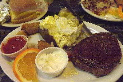 Excellent steak dinner at the Starting Gate restaurant in Auburn, Washington.