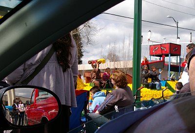 A view of the Puyallup Tribal float in the Daffodil Parade in Puyallup, Washington as seen from inside our car.