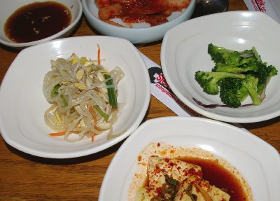 Condiments at The Honey Pig Korean BBQ Tacoma, Washington.